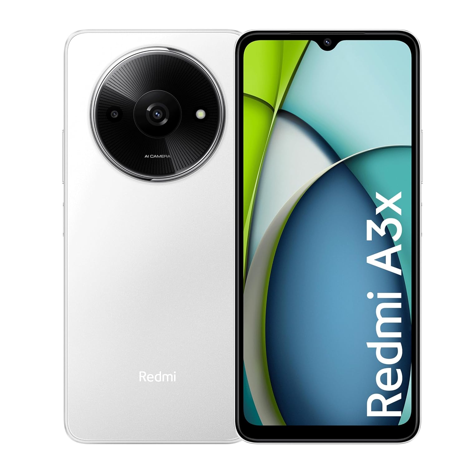 Redmi A3x 4GB RAM smartphone in white showing front display and rear camera design