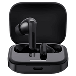 Black Redmi Earbud 5 TWS wireless earbuds with charging case open on black background