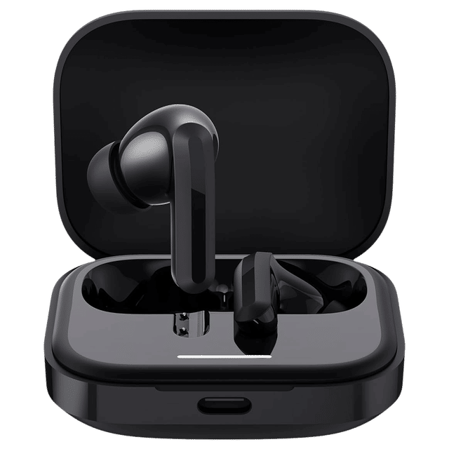 Black Redmi Earbud 5 TWS wireless earbuds with charging case open on black background