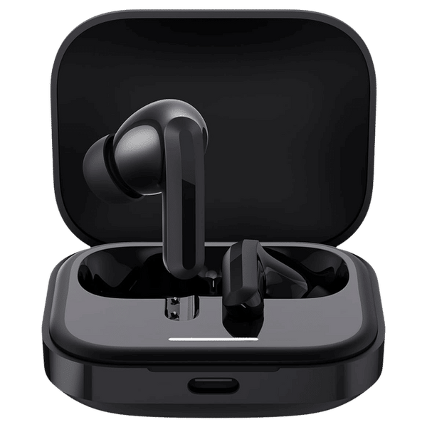 Black Redmi Earbud 5 TWS wireless earbuds with charging case open on black background