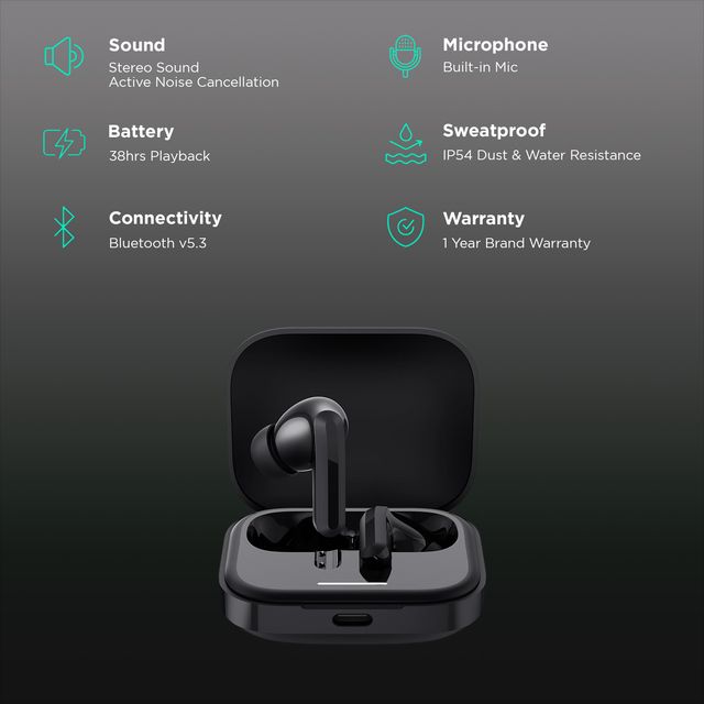 Redmi Earbud 5 TWS in black with open charging case highlighting Bluetooth and noise cancellation features