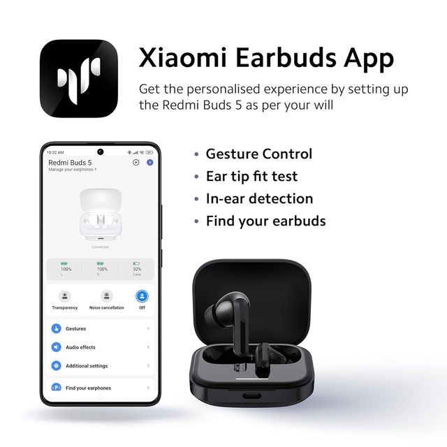 Redmi Earbud 5 TWS black wireless earbuds in charging case with Xiaomi Earbuds app on smartphone