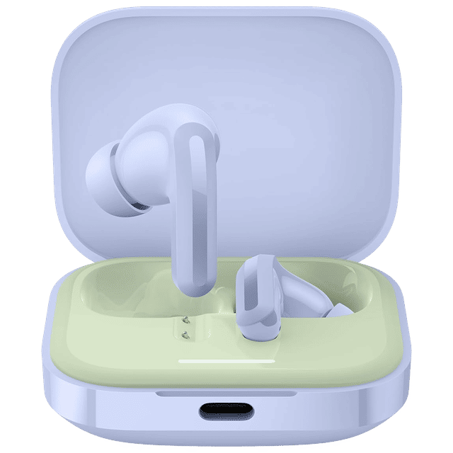 Redmi Earbud 5 TWS wireless earbuds in white with green charging case open, showing earbuds inside