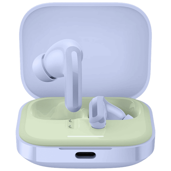 Redmi Earbud 5 TWS wireless earbuds in white with green charging case open, showing earbuds inside