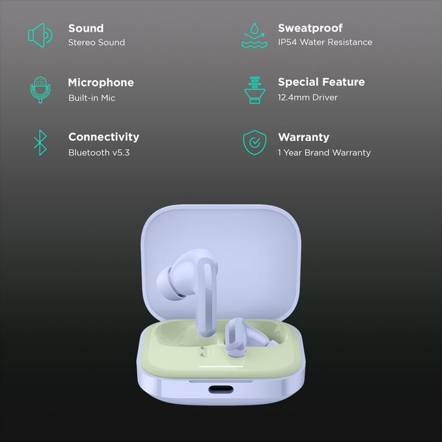 Redmi Earbud 5 TWS wireless earbuds with charging case showing key features like stereo sound and IP54 sweatproof