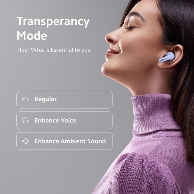 Woman wearing purple sweater using Redmi Earbud 5 TWS showcasing transparency mode features
