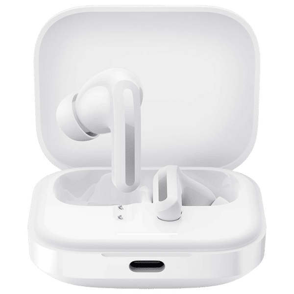 Redmi Earbud 5 TWS wireless earbuds in white with charging case open showing earbuds inside