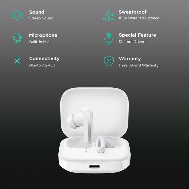Redmi Earbud 5 TWS white wireless earbuds with charging case and key feature icons on dark background