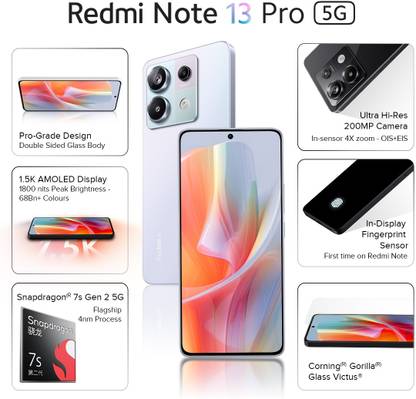 Redmi Note 13 Pro 5G smartphone with triple camera, AMOLED display, in-display fingerprint sensor, and Corning Gorilla Glass