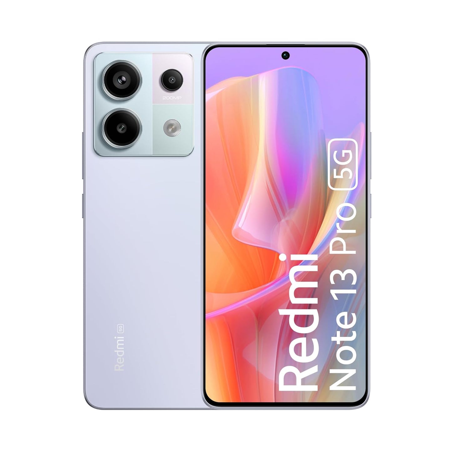 Front and back view of Redmi Note 13 Pro 5G smartphone in light purple color with triple camera setup