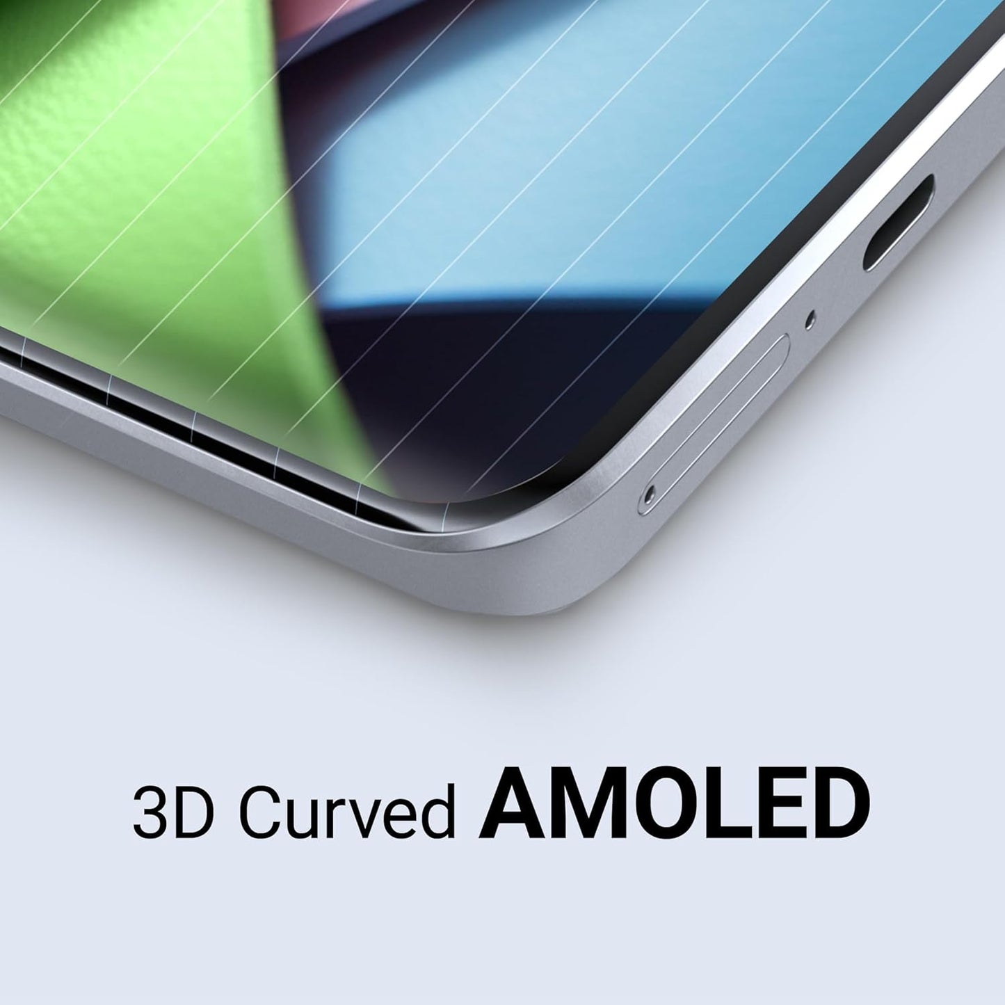 Close-up of Redmi Note 13 Pro Plus 5G smartphone corner showing 3D curved AMOLED display and silver frame