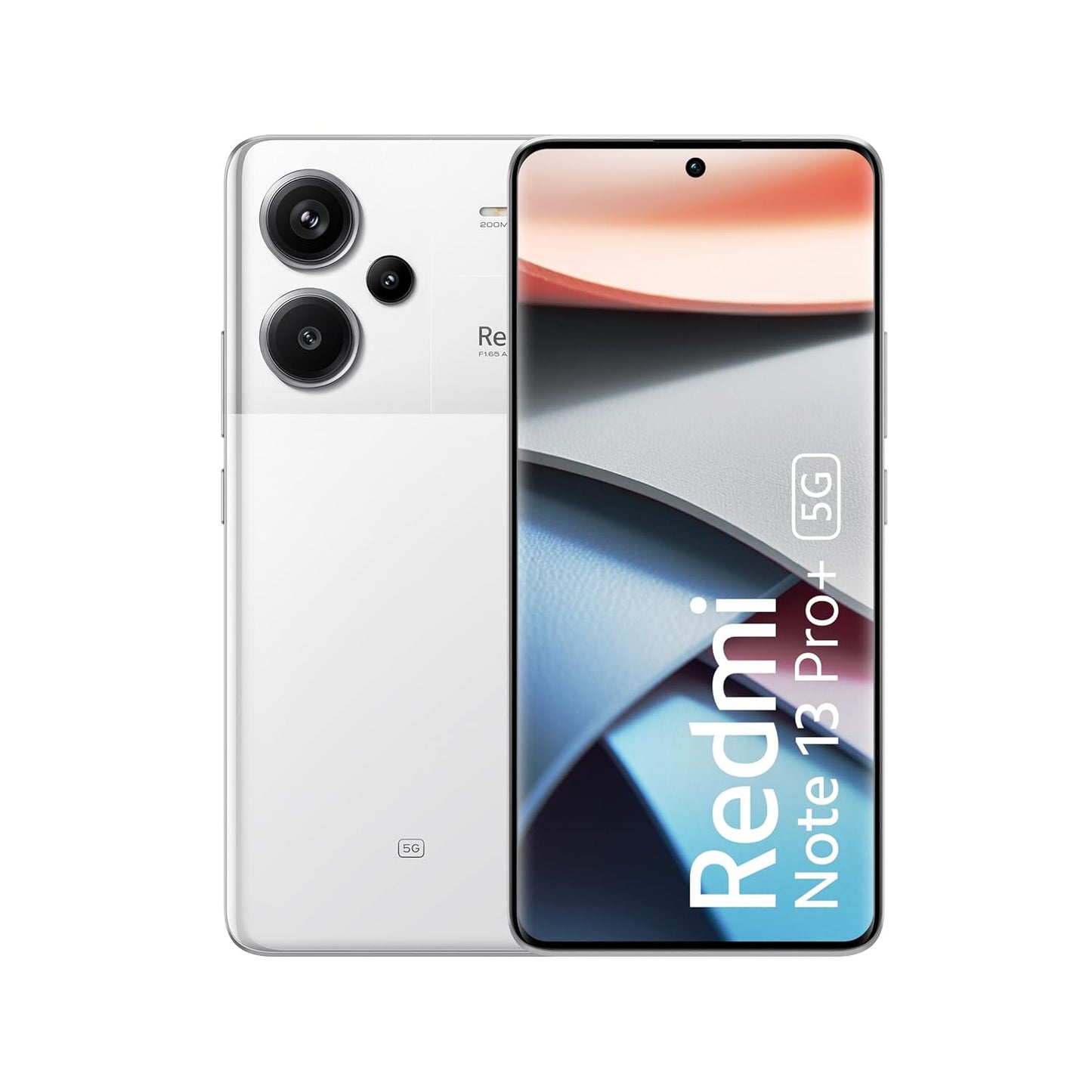 Redmi Note 13 Pro Plus 5G smartphone in white showing front display and rear triple camera setup