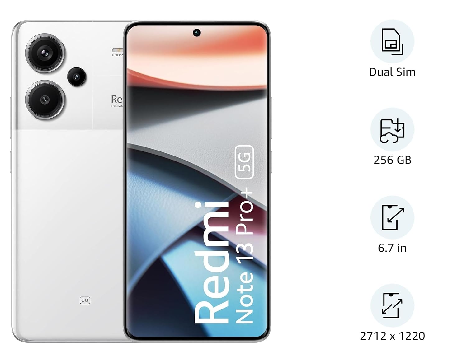 Redmi Note 13 Pro Plus 5G smartphone in white with dual rear cameras and 6.7 inch display