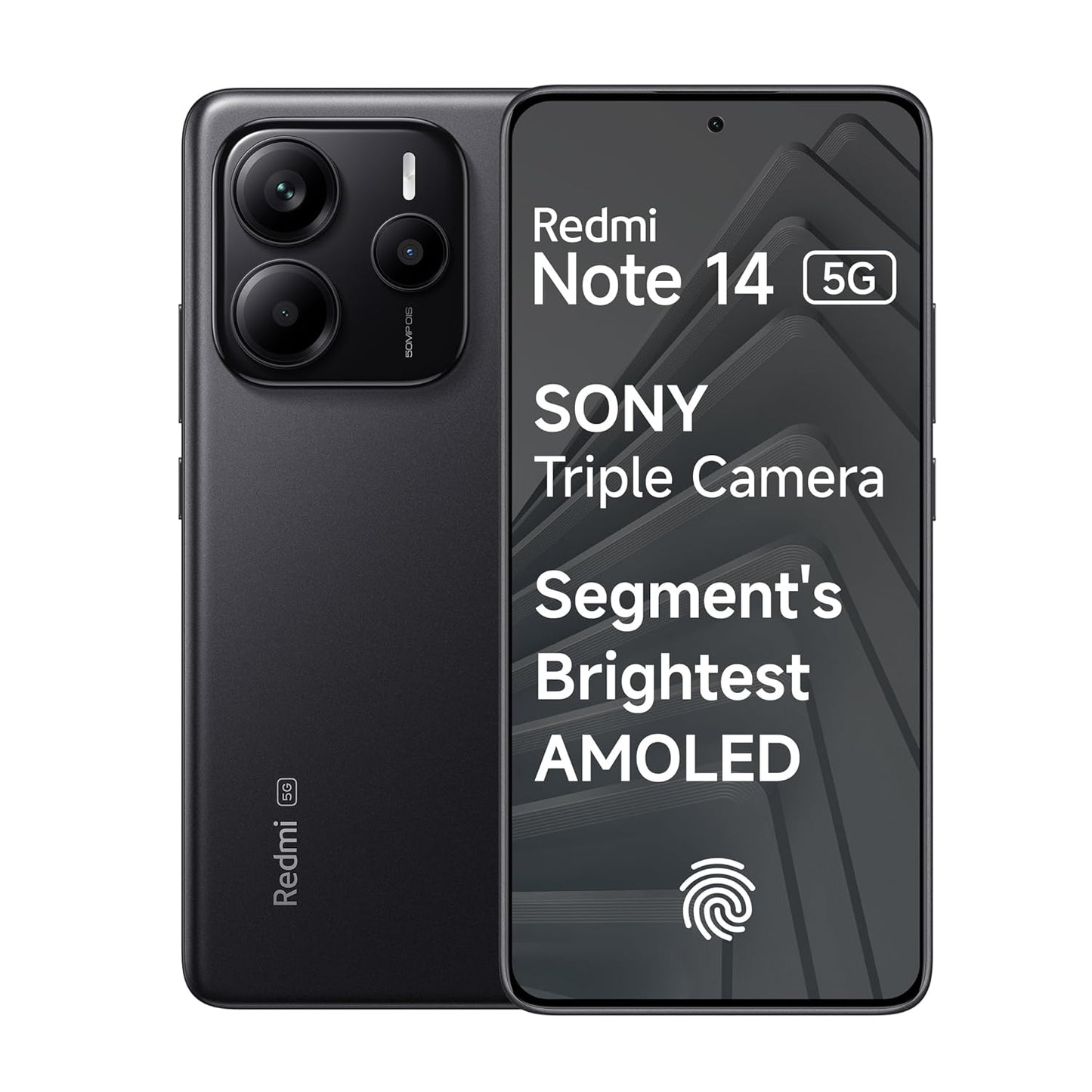 Black Redmi Note 14 5G smartphone with Sony triple camera and AMOLED display front and back view