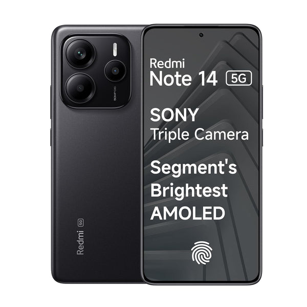 Black Redmi Note 14 5G smartphone with Sony triple camera and AMOLED display front and back view