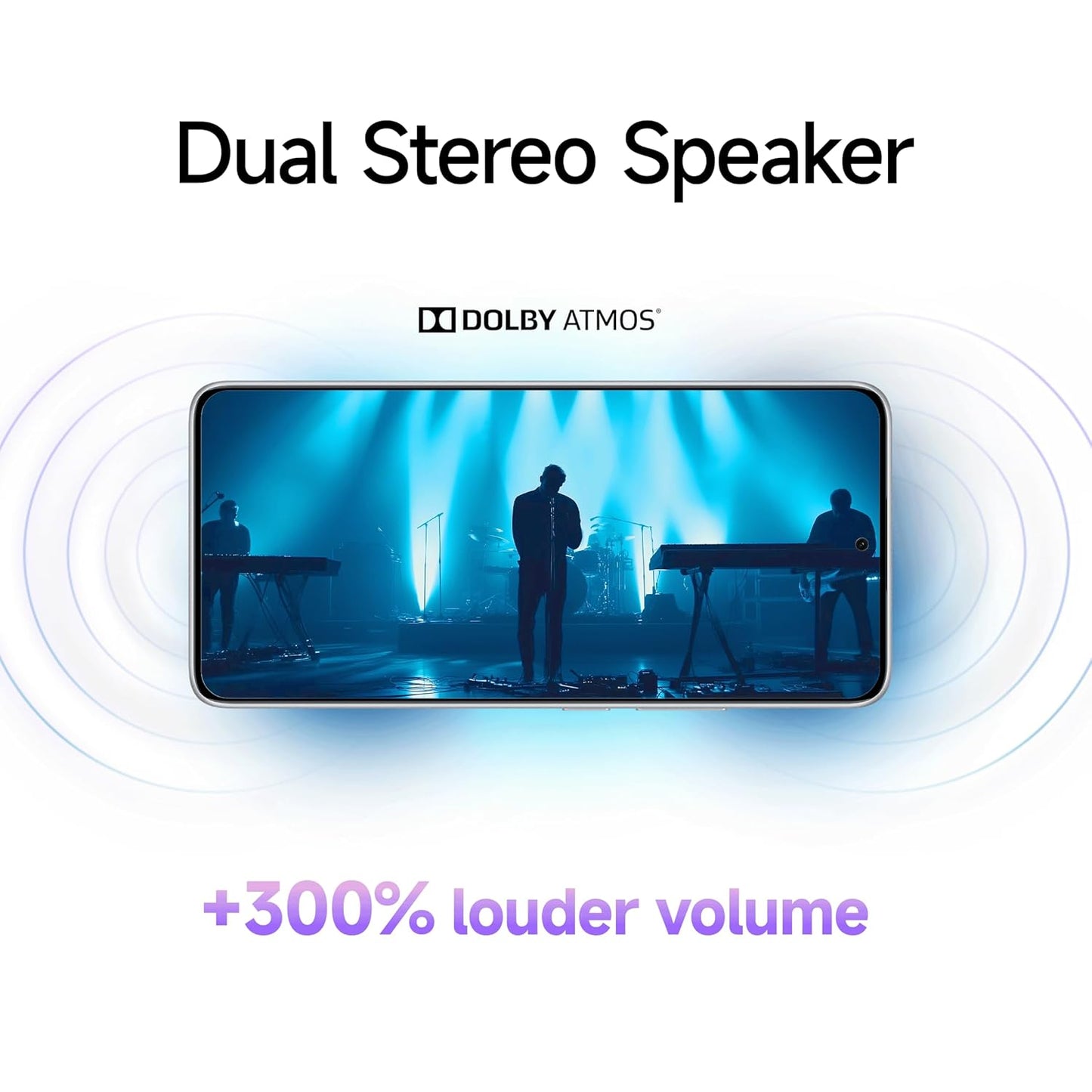 Redmi Note 14 5G smartphone showcasing dual stereo speakers with Dolby Atmos for louder volume