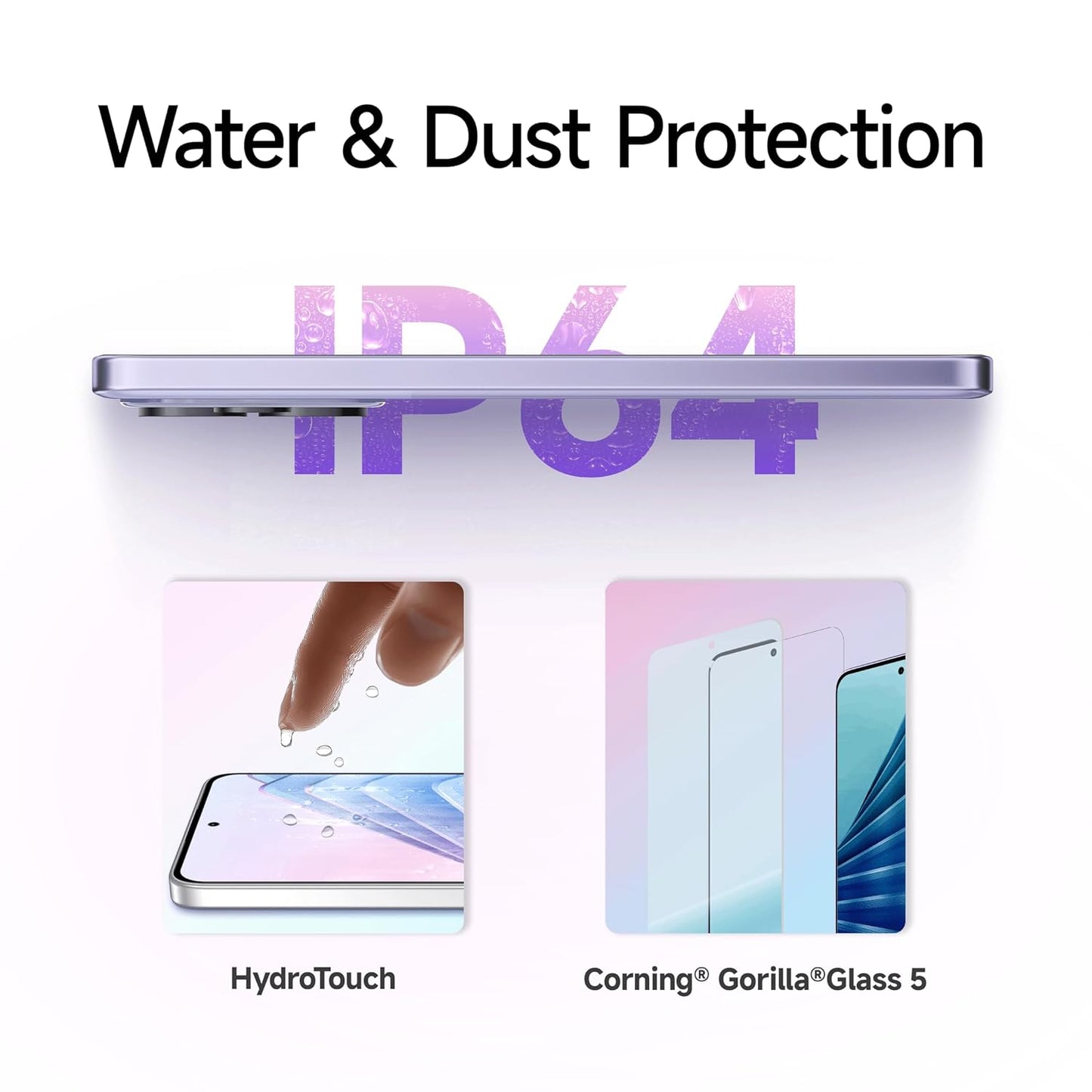 Redmi Note 14 5G smartphone with IP64 water and dust protection and Corning Gorilla Glass 5 display