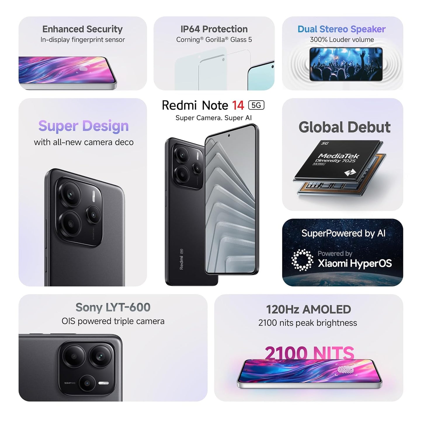 Redmi Note 14 5G smartphone with triple camera, AMOLED display, enhanced security, and dual stereo speakers