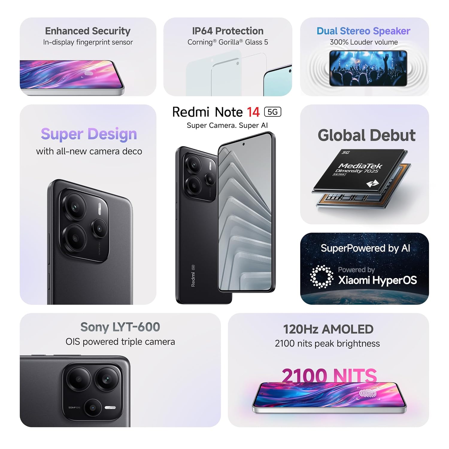 Redmi Note 14 5G smartphone with triple camera, AMOLED display, enhanced security, and dual stereo speakers