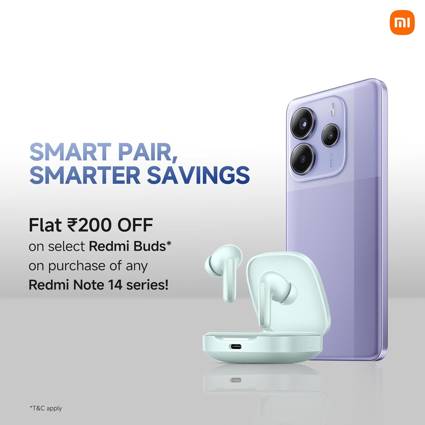 Purple Redmi Note 14 5G smartphone displayed with light blue Redmi Buds and charging case