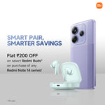 Purple Redmi Note 14 5G smartphone displayed with light blue Redmi Buds and charging case