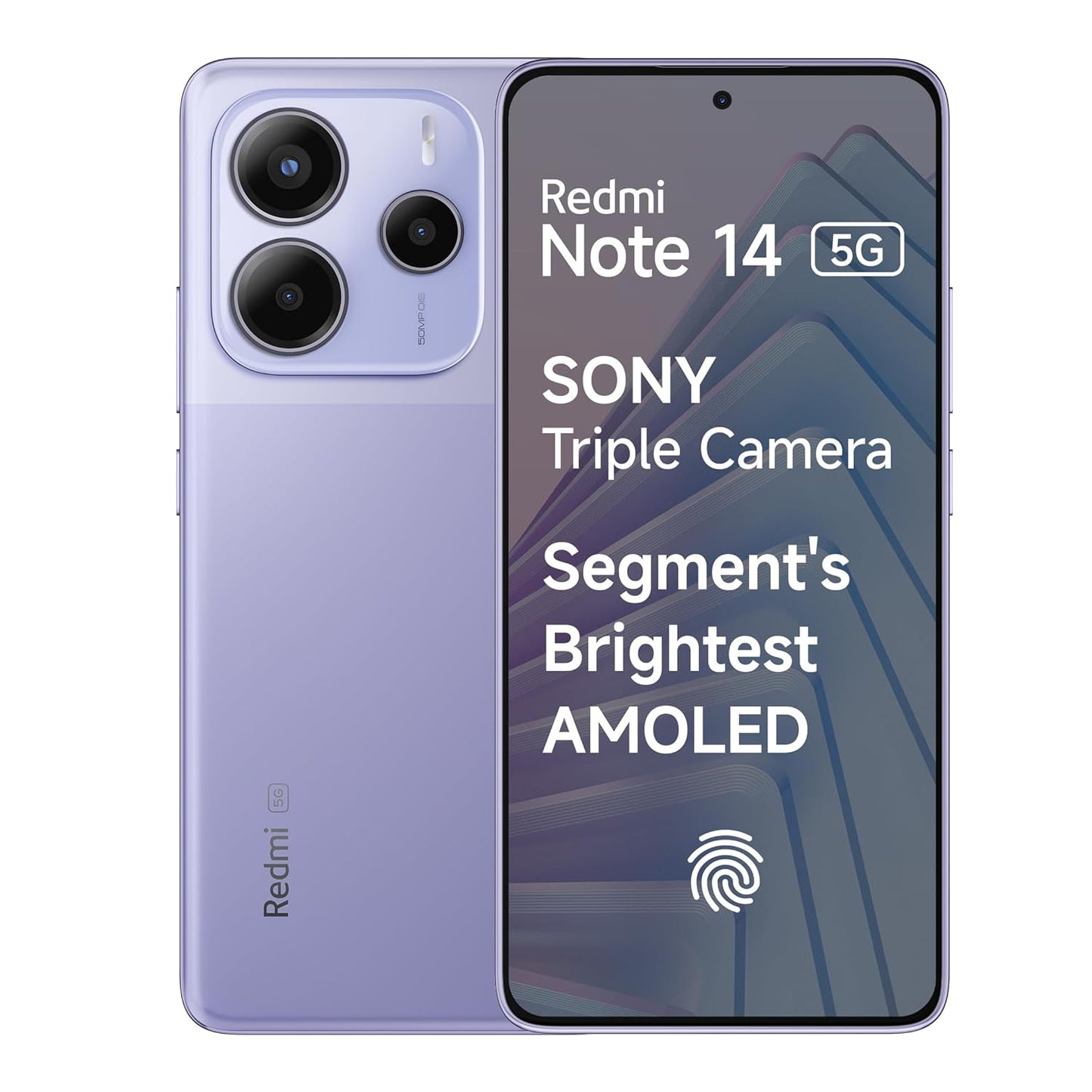 Purple Redmi Note 14 5G smartphone with triple Sony camera and bright AMOLED display