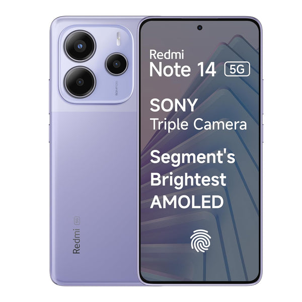 Purple Redmi Note 14 5G smartphone with triple Sony camera and bright AMOLED display
