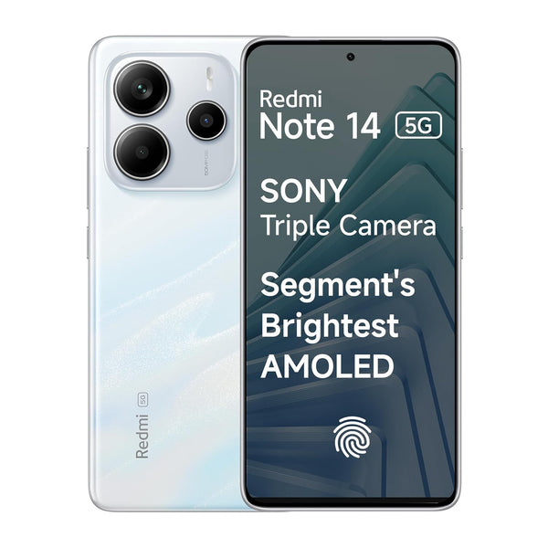 Redmi Note 14 5G smartphone in white with triple Sony camera and bright AMOLED display