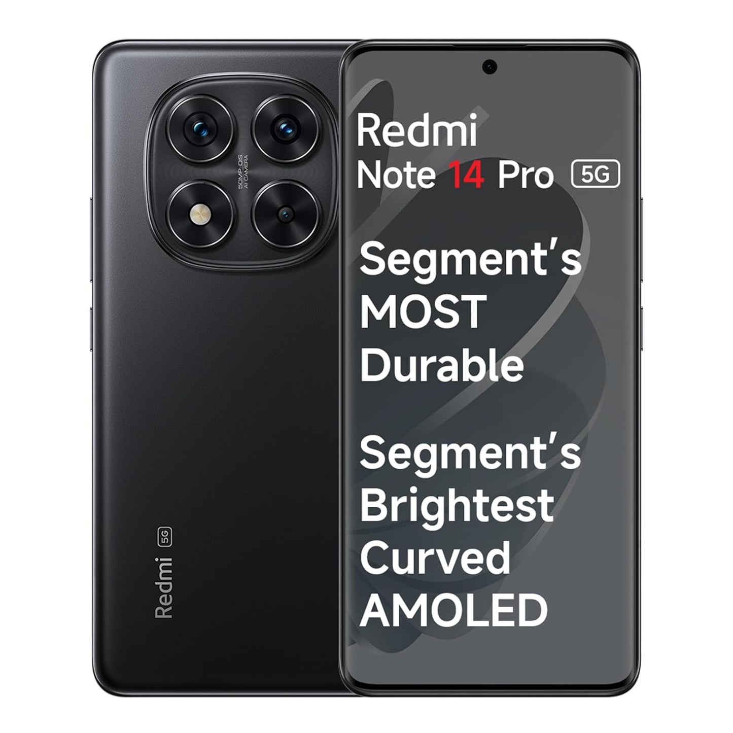 Redmi Note 14 Pro 5G smartphone in black with triple rear cameras and curved AMOLED display