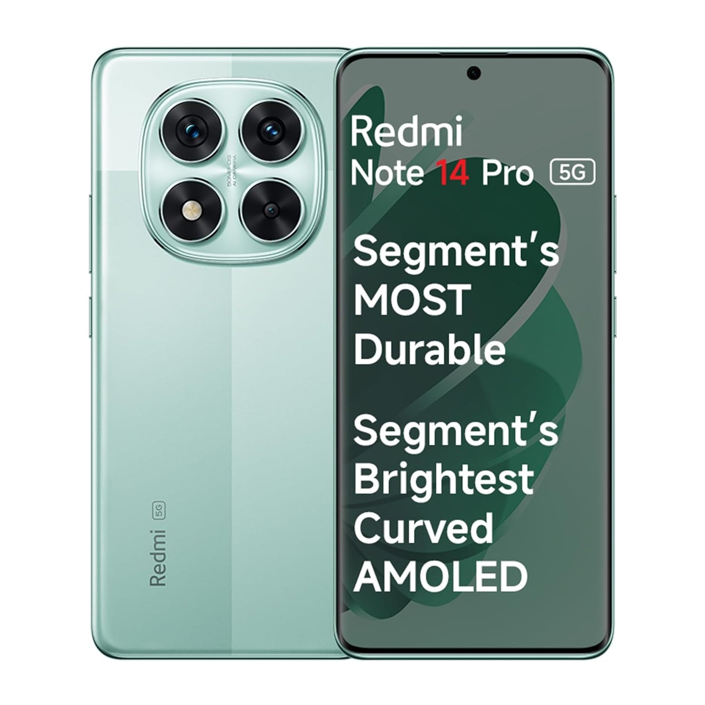 Redmi Note 14 Pro 5G smartphone in green with triple rear cameras and curved AMOLED display