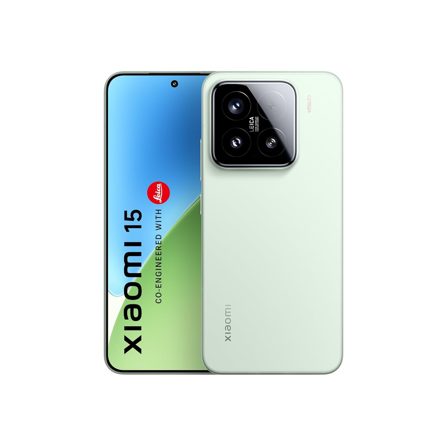 Redmi Xiaomi 15 5G smartphone front and back view with green finish and triple camera setup