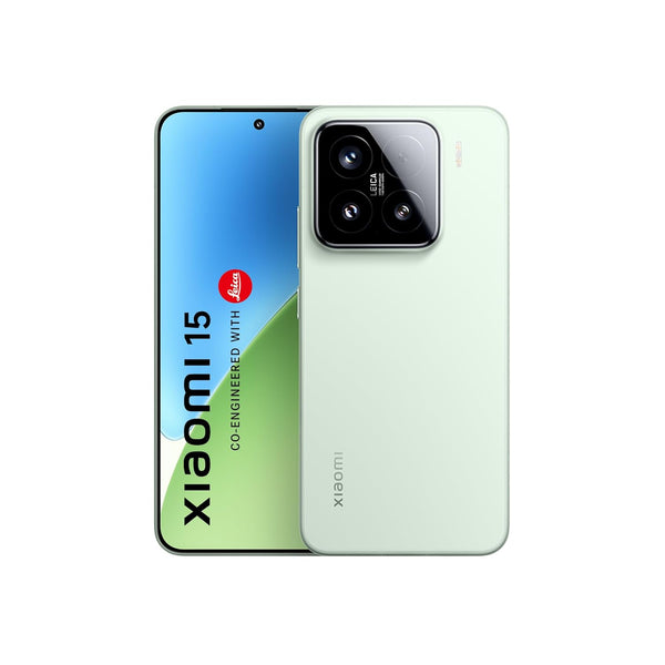 Redmi Xiaomi 15 5G smartphone front and back view with green finish and triple camera setup